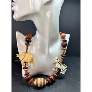 Vintage Carved Animal Wood Bead Statement Necklace 30”